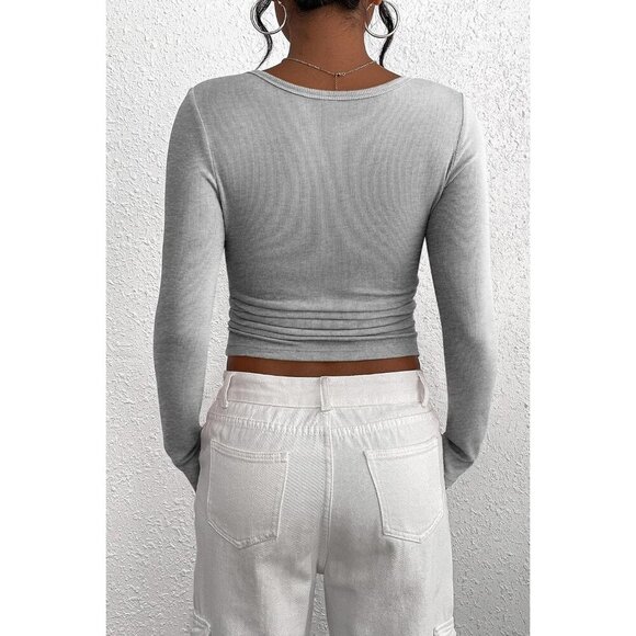 Women's Ribbed Knit Henley Shirt Slim Fit Long Sleeve Casual Top - Picture 2 of 8